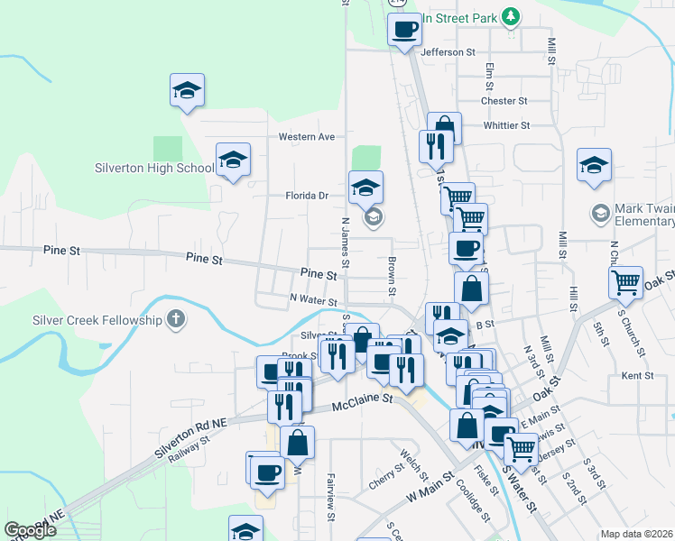 map of restaurants, bars, coffee shops, grocery stores, and more near 115n North James Street in Silverton