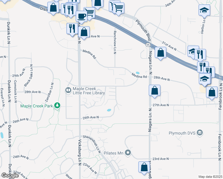 map of restaurants, bars, coffee shops, grocery stores, and more near 2795 Ranchview Lane North in Minneapolis