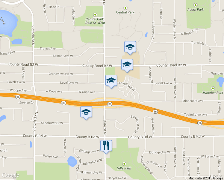 map of restaurants, bars, coffee shops, grocery stores, and more near 2330 Dale St N in Roseville