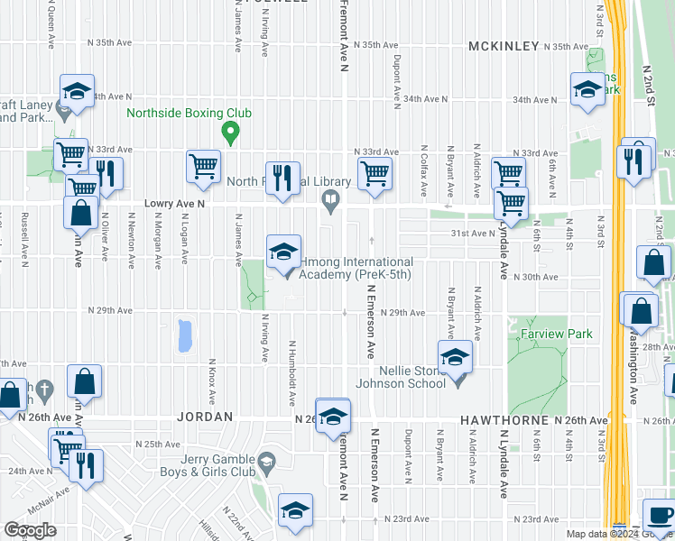 map of restaurants, bars, coffee shops, grocery stores, and more near 2941 Fremont Avenue North in Minneapolis