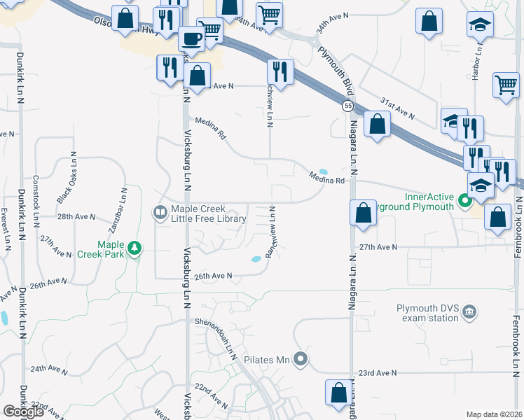 map of restaurants, bars, coffee shops, grocery stores, and more near 2795 Ranchview Lane North in Plymouth