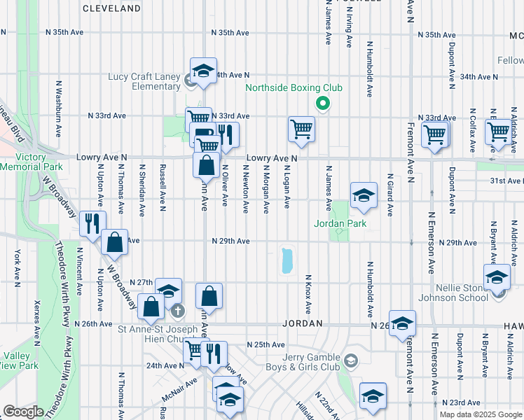 map of restaurants, bars, coffee shops, grocery stores, and more near 2943 Morgan Avenue North in Minneapolis