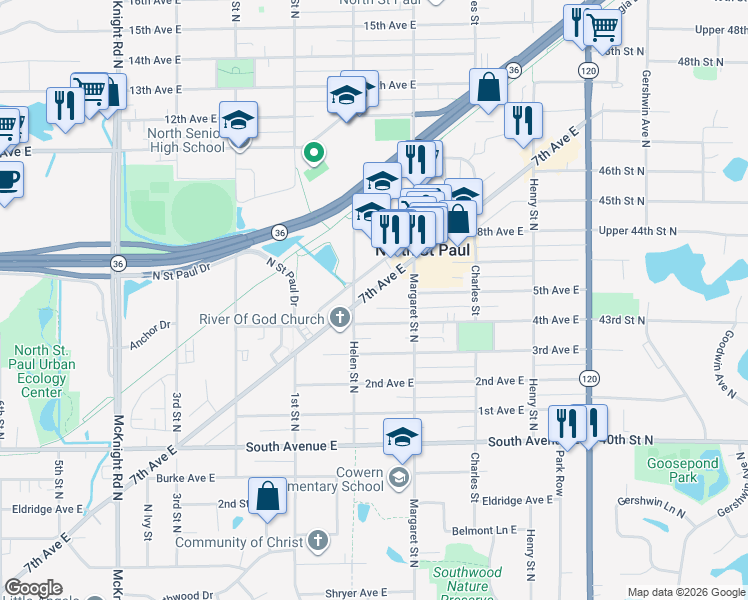 map of restaurants, bars, coffee shops, grocery stores, and more near 2510 7th Avenue East in North Saint Paul
