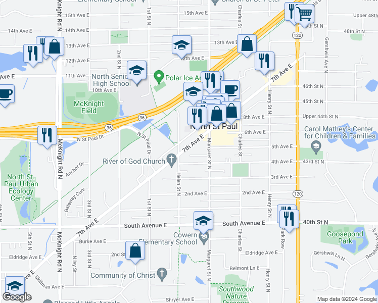 map of restaurants, bars, coffee shops, grocery stores, and more near 2510 7th Avenue East in Saint Paul