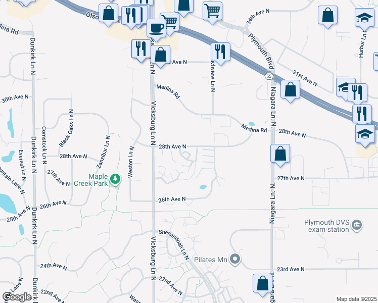 map of restaurants, bars, coffee shops, grocery stores, and more near 2704 Terraceview Lane North in Minneapolis