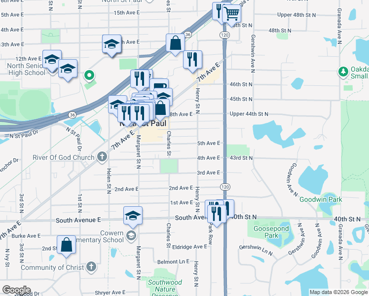 map of restaurants, bars, coffee shops, grocery stores, and more near 2671 4th Avenue East in North Saint Paul