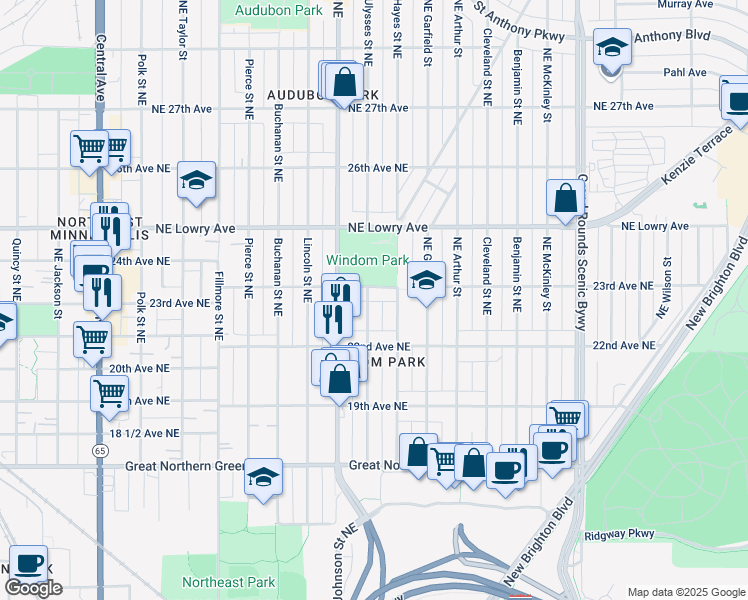 map of restaurants, bars, coffee shops, grocery stores, and more near 2227 Ulysses Street Northeast in Minneapolis