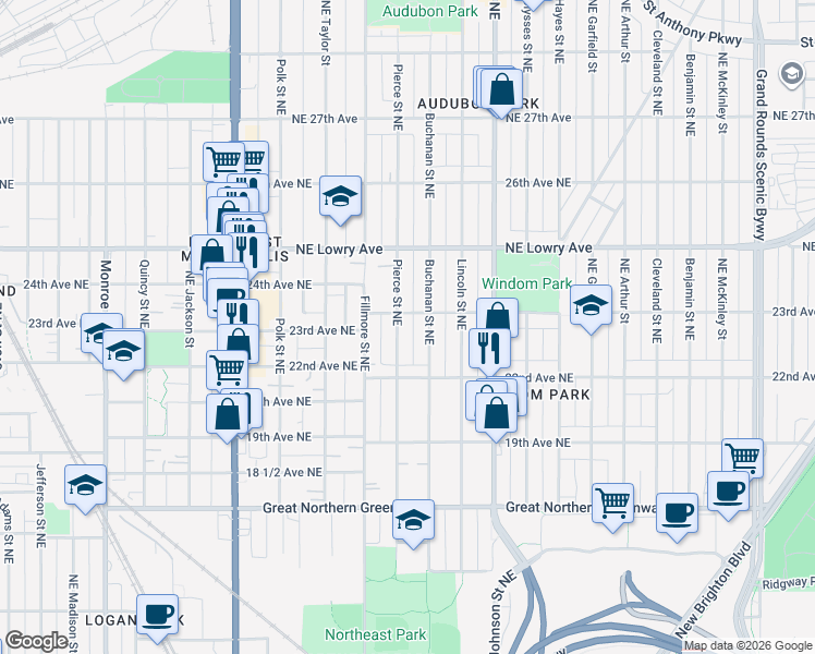 map of restaurants, bars, coffee shops, grocery stores, and more near 2222 Buchanan Street Northeast in Minneapolis