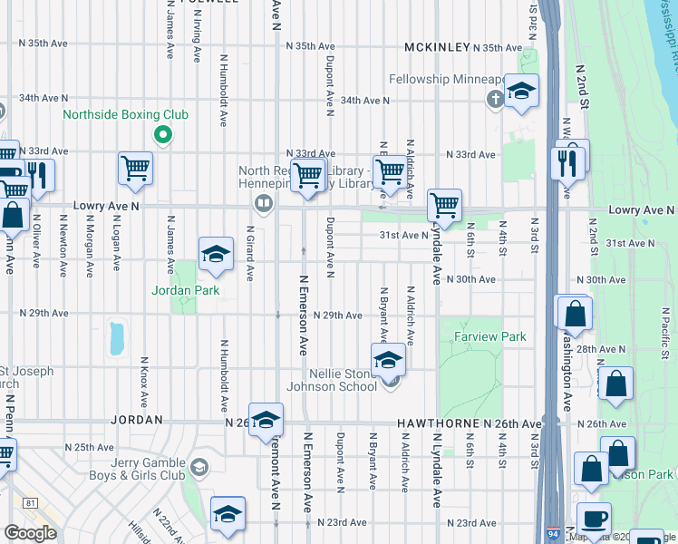 map of restaurants, bars, coffee shops, grocery stores, and more near 2934 North Dupont Avenue in Minneapolis