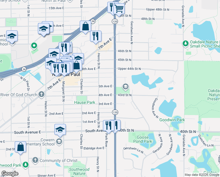 map of restaurants, bars, coffee shops, grocery stores, and more near 2289 Division Street North in North Saint Paul