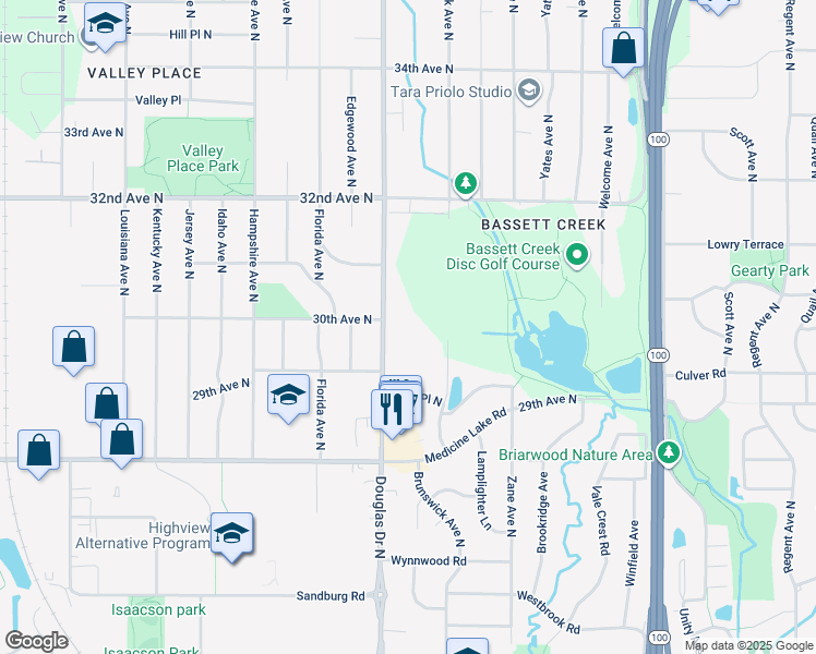map of restaurants, bars, coffee shops, grocery stores, and more near 3000 Douglas Drive North in Minneapolis
