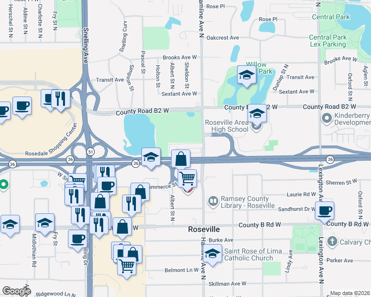 map of restaurants, bars, coffee shops, grocery stores, and more near 1362 Colonial Drive in Roseville