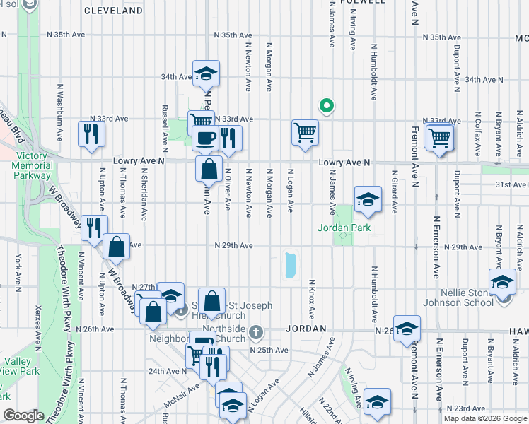 map of restaurants, bars, coffee shops, grocery stores, and more near 2923 North Morgan Avenue in Minneapolis