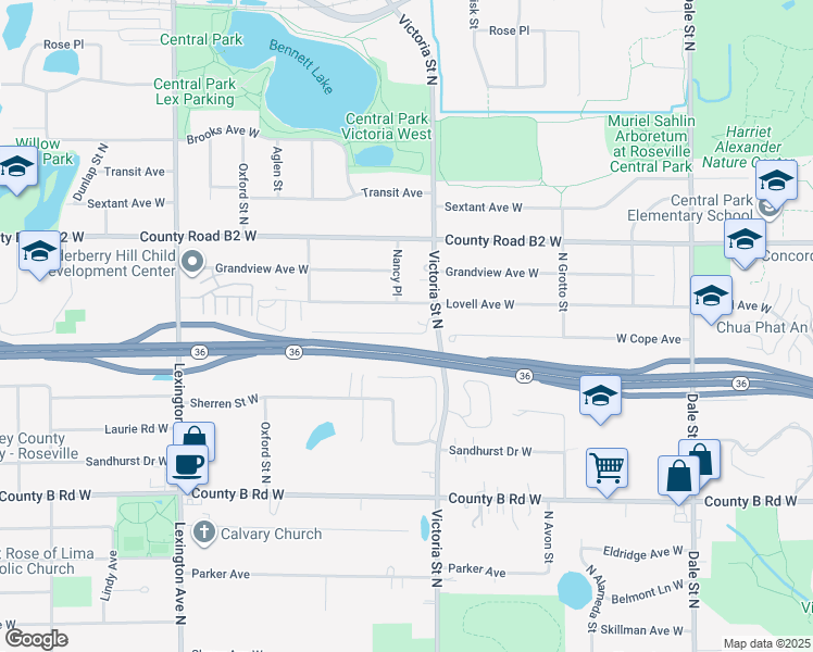 map of restaurants, bars, coffee shops, grocery stores, and more near 885 Minnesota 36 in Roseville