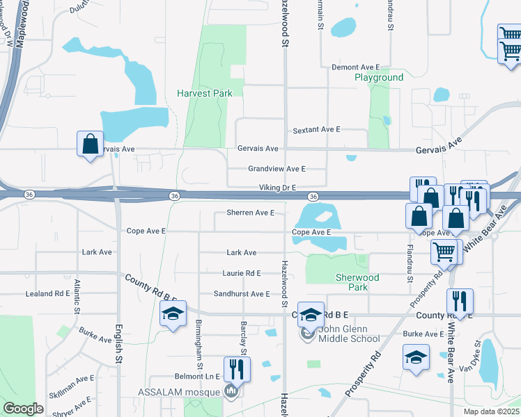 map of restaurants, bars, coffee shops, grocery stores, and more near 1494 Sherren Avenue East in Maplewood