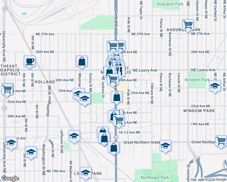 map of restaurants, bars, coffee shops, grocery stores, and more near 2220 Central Avenue Northeast in Minneapolis