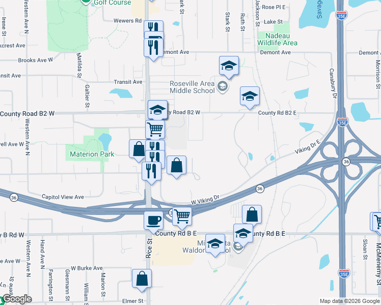 map of restaurants, bars, coffee shops, grocery stores, and more near 2288 Stephani Court in Little Canada