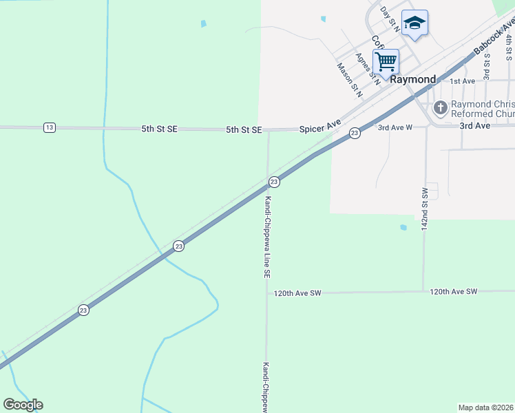 map of restaurants, bars, coffee shops, grocery stores, and more near 170 Minnesota 23 in Raymond