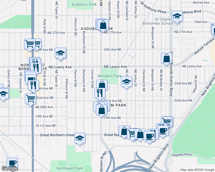 map of restaurants, bars, coffee shops, grocery stores, and more near 2227 Ulysses Street Northeast in Minneapolis