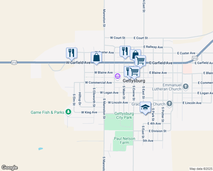 map of restaurants, bars, coffee shops, grocery stores, and more near 101 South Mannston Street in Gettysburg