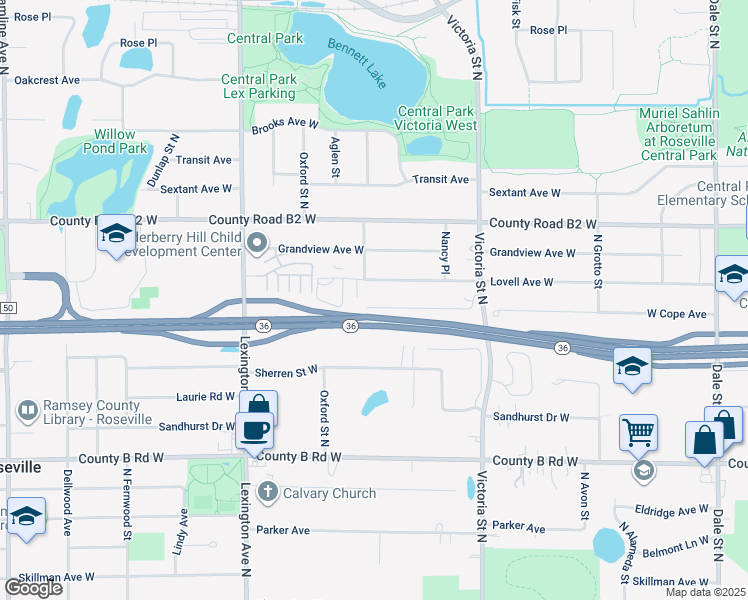 map of restaurants, bars, coffee shops, grocery stores, and more near 965 Minnesota 36 in Roseville