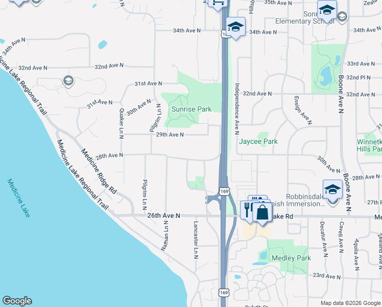 map of restaurants, bars, coffee shops, grocery stores, and more near 2770 Lancaster Lane North in Plymouth