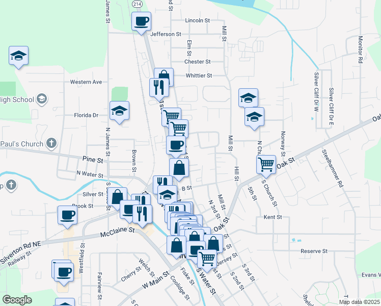 map of restaurants, bars, coffee shops, grocery stores, and more near 716 North 2nd Street in Silverton