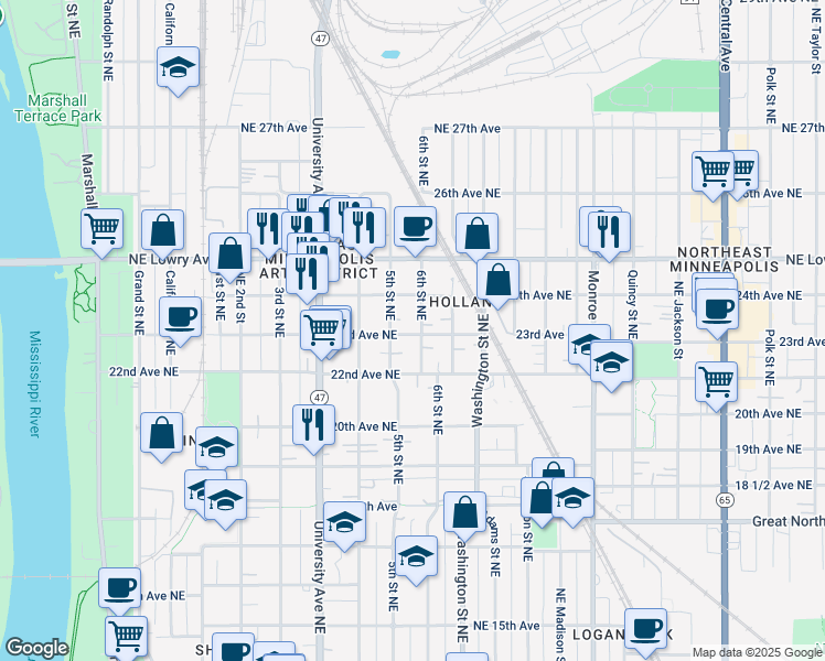 map of restaurants, bars, coffee shops, grocery stores, and more near 2212 6th Street Northeast in Minneapolis