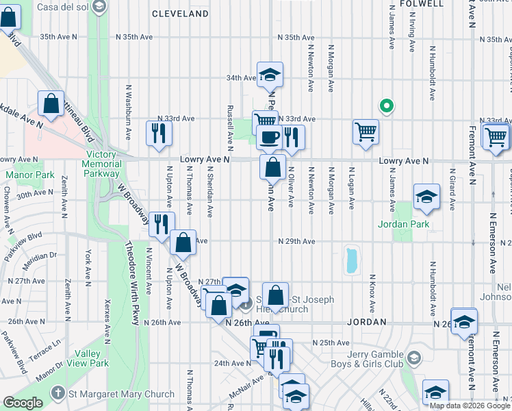 map of restaurants, bars, coffee shops, grocery stores, and more near 2930 North Queen Avenue in Minneapolis