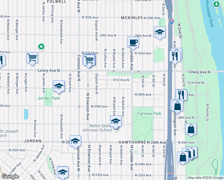 map of restaurants, bars, coffee shops, grocery stores, and more near 2931 North Bryant Avenue in Minneapolis