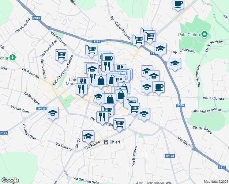 map of restaurants, bars, coffee shops, grocery stores, and more near 4 Piazza Umberto in Chieri