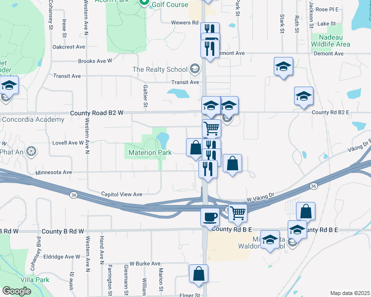 map of restaurants, bars, coffee shops, grocery stores, and more near 240 Grandview Avenue West in Roseville