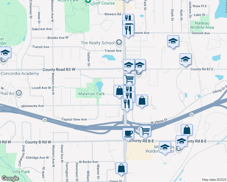 map of restaurants, bars, coffee shops, grocery stores, and more near 240 Grandview Avenue West in Roseville