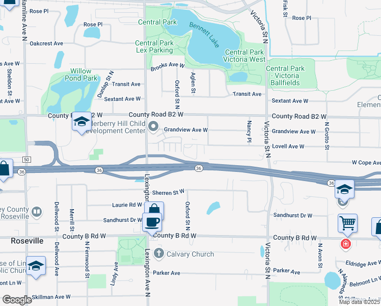 map of restaurants, bars, coffee shops, grocery stores, and more near 2353 North Chatsworth Street in Roseville