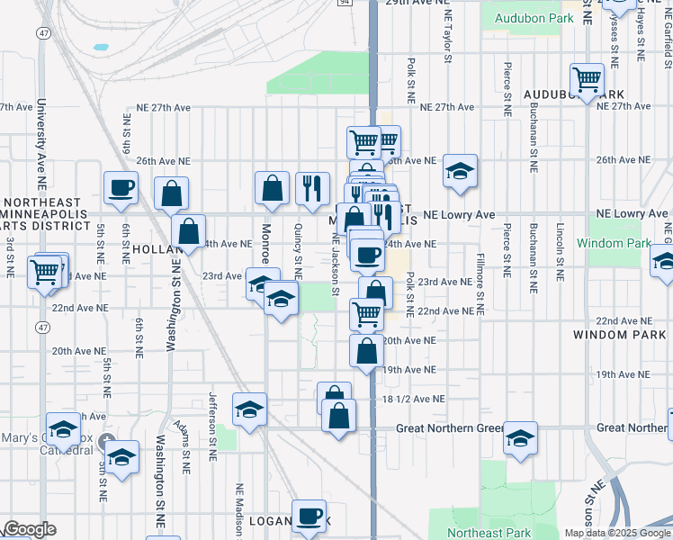map of restaurants, bars, coffee shops, grocery stores, and more near 2333 Northeast Jackson Street in Minneapolis