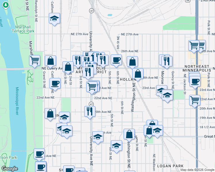 map of restaurants, bars, coffee shops, grocery stores, and more near 412 24th Avenue Northeast in Minneapolis