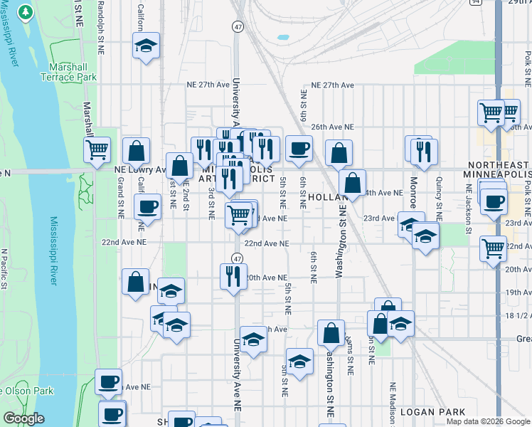 map of restaurants, bars, coffee shops, grocery stores, and more near 412 24th Avenue Northeast in Minneapolis