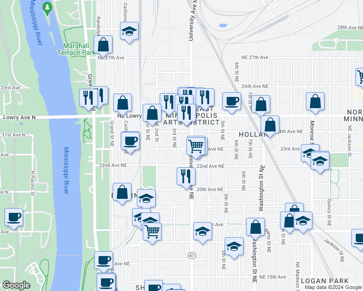 map of restaurants, bars, coffee shops, grocery stores, and more near 2321 3rd Street Northeast in Minneapolis