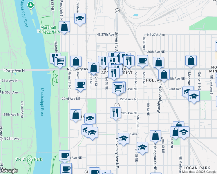 map of restaurants, bars, coffee shops, grocery stores, and more near 2321 3rd Street Northeast in Minneapolis