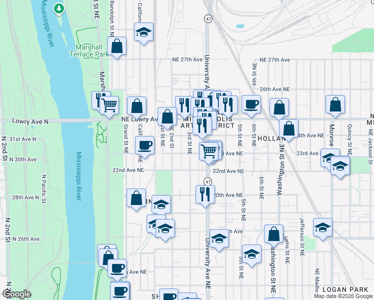 map of restaurants, bars, coffee shops, grocery stores, and more near 2327 Northeast 2nd Street in Minneapolis