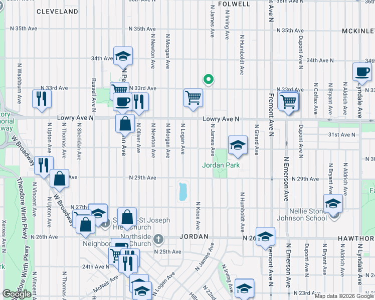 map of restaurants, bars, coffee shops, grocery stores, and more near 3018 North Logan Avenue in Minneapolis
