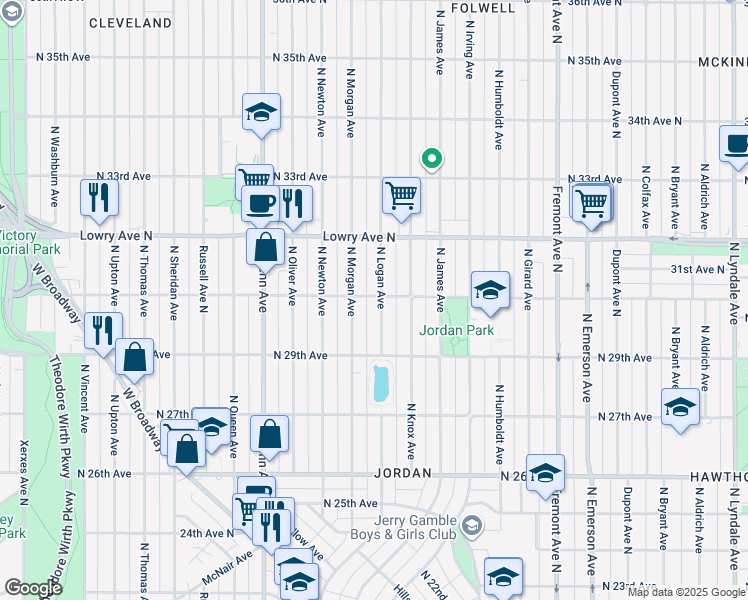 map of restaurants, bars, coffee shops, grocery stores, and more near 3018 North Logan Avenue in Minneapolis