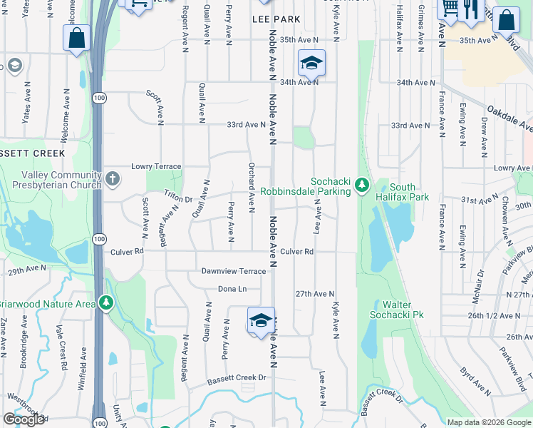 map of restaurants, bars, coffee shops, grocery stores, and more near 3025 Noble Avenue North in Minneapolis
