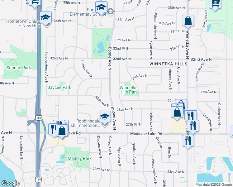 map of restaurants, bars, coffee shops, grocery stores, and more near 3013 Aquila Avenue North in Minneapolis