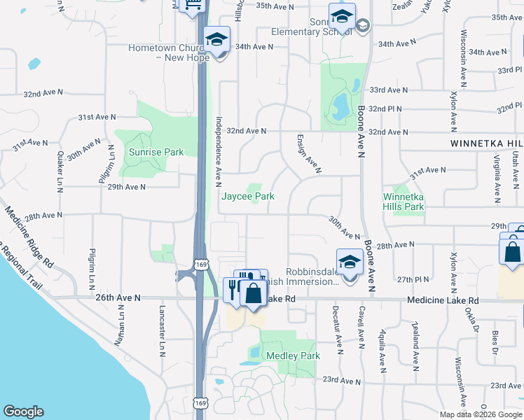 map of restaurants, bars, coffee shops, grocery stores, and more near 3025 Gettysburg Avenue North in Minneapolis