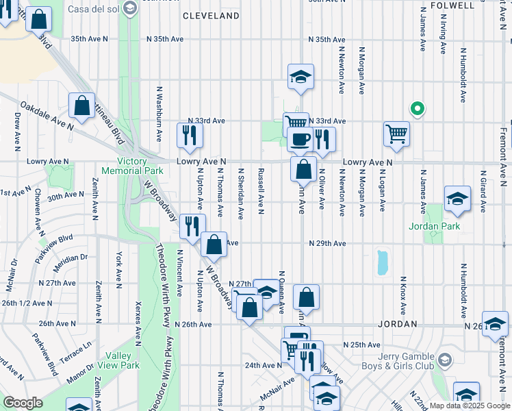map of restaurants, bars, coffee shops, grocery stores, and more near 3018 Russell Avenue North in Minneapolis