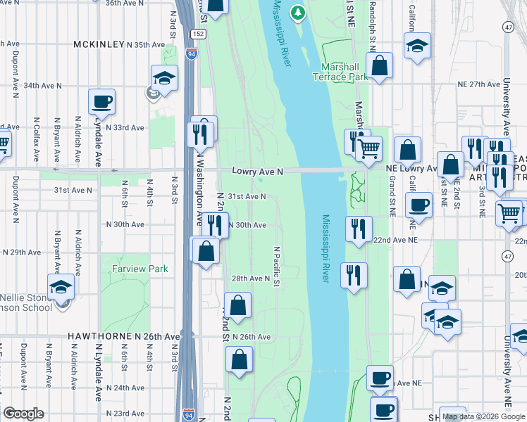 map of restaurants, bars, coffee shops, grocery stores, and more near 50 31st Ave N in Minneapolis