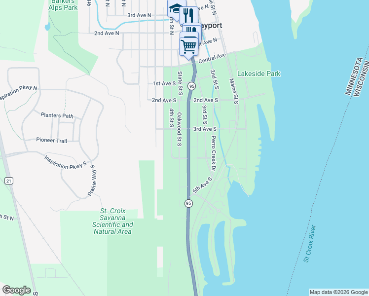 map of restaurants, bars, coffee shops, grocery stores, and more near 464 Minnesota Street South in Bayport