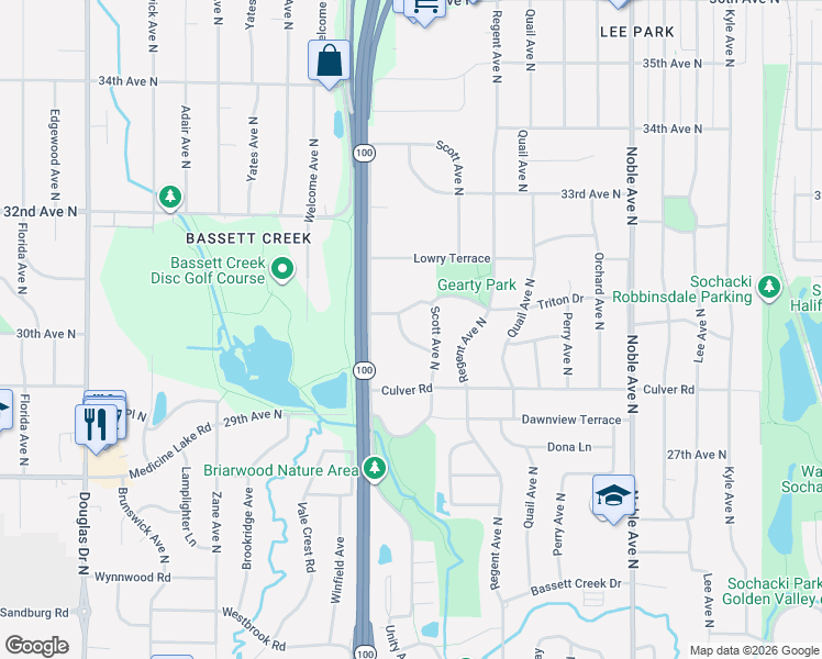 map of restaurants, bars, coffee shops, grocery stores, and more near 5350 Triton Drive in Minneapolis