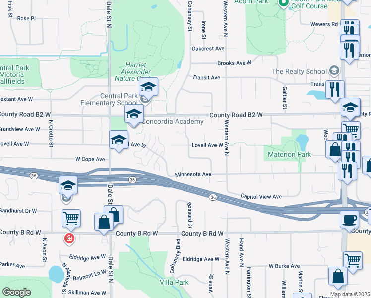 map of restaurants, bars, coffee shops, grocery stores, and more near 2351 Southhill Drive in Roseville